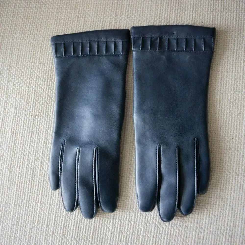 Vintage Navy Vinyl Leather Winter Retro Embossed Lined Women's Gloves